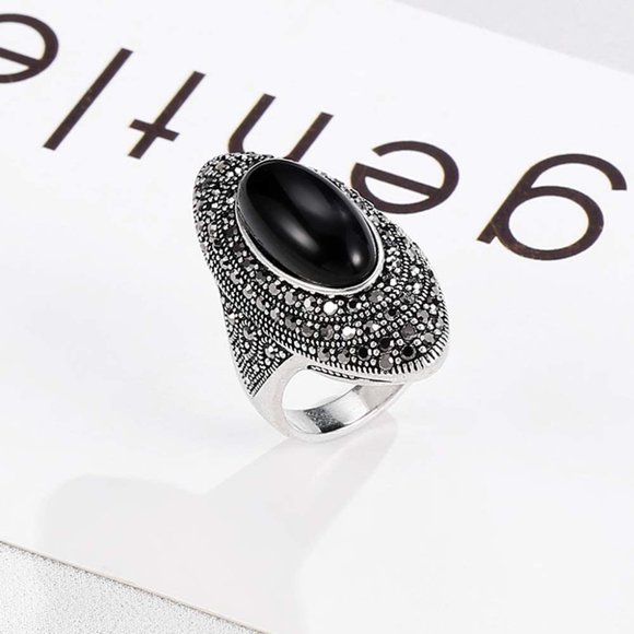 Mytys Retro Vintage Cocktail Statement Ring Black Marcasite and Crystal Rings fo - Picture 4 of 8